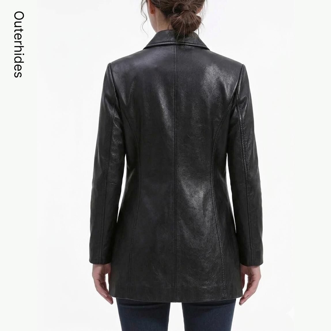 Women's Black Leather Blazer | Genuine Lambskin, Vegan Faux Leather Tailored Coat - Image 3
