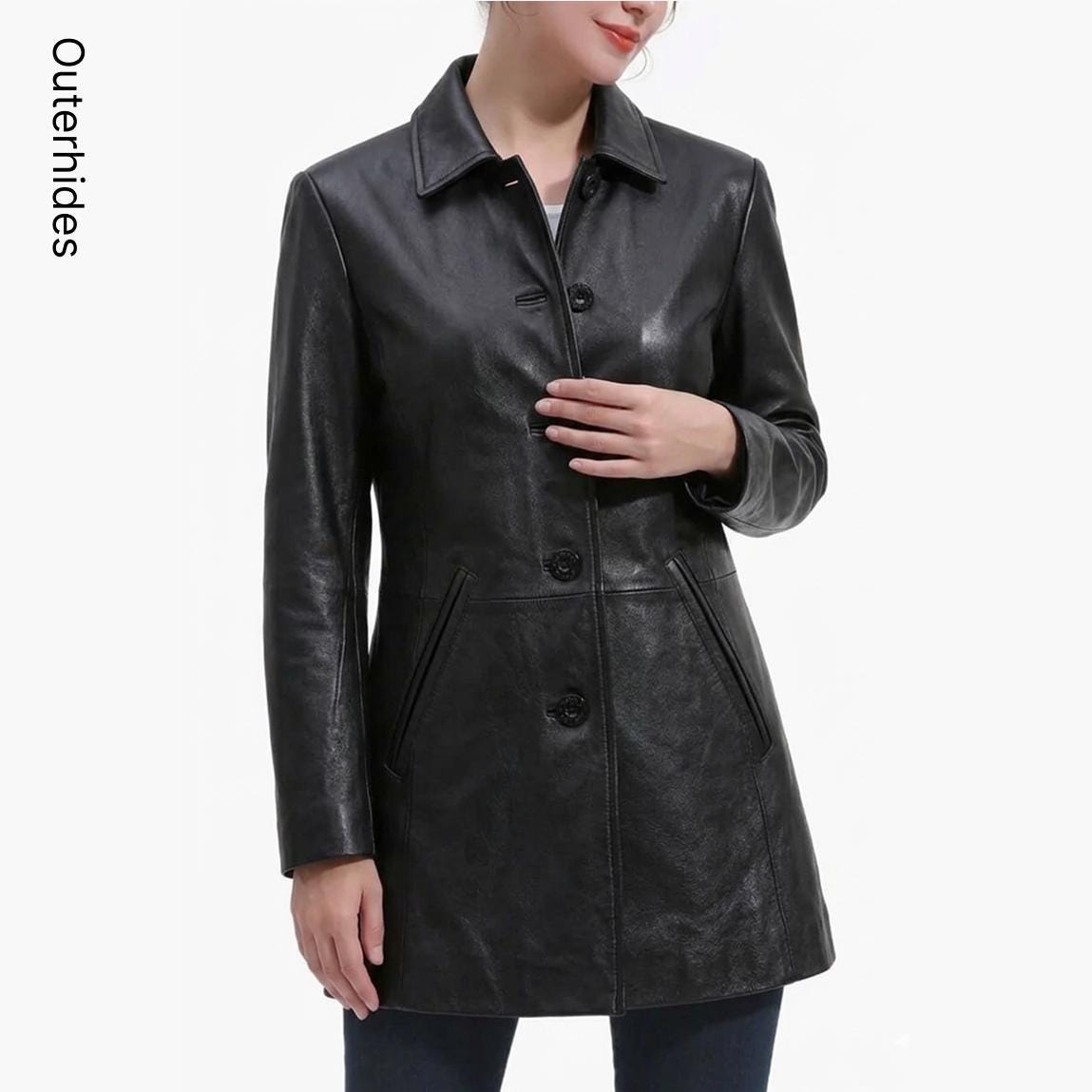 Women's Black Leather Blazer | Genuine Lambskin, Vegan Faux Leather Tailored Coat