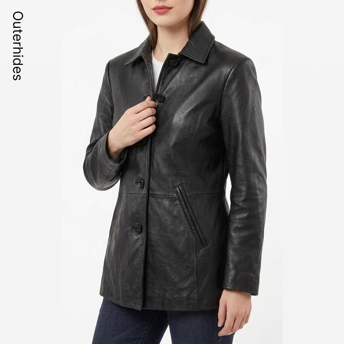 Women's Black Leather Blazer | Genuine Lambskin, Vegan Faux Leather Tailored Coat - Image 2